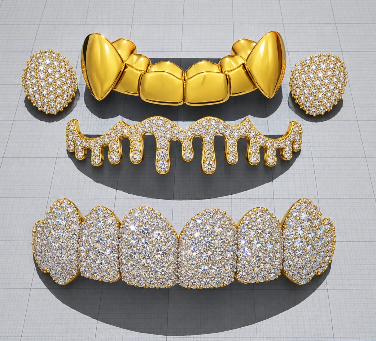 Design render of the finished set: polished fang top, pavé caps, iced drip bar and fully iced bottom