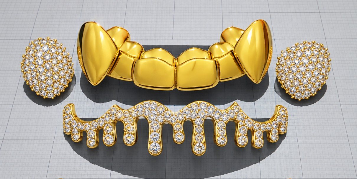 Design preview: render of a gold top set with fangs, an iced drip bottom set and pavé caps