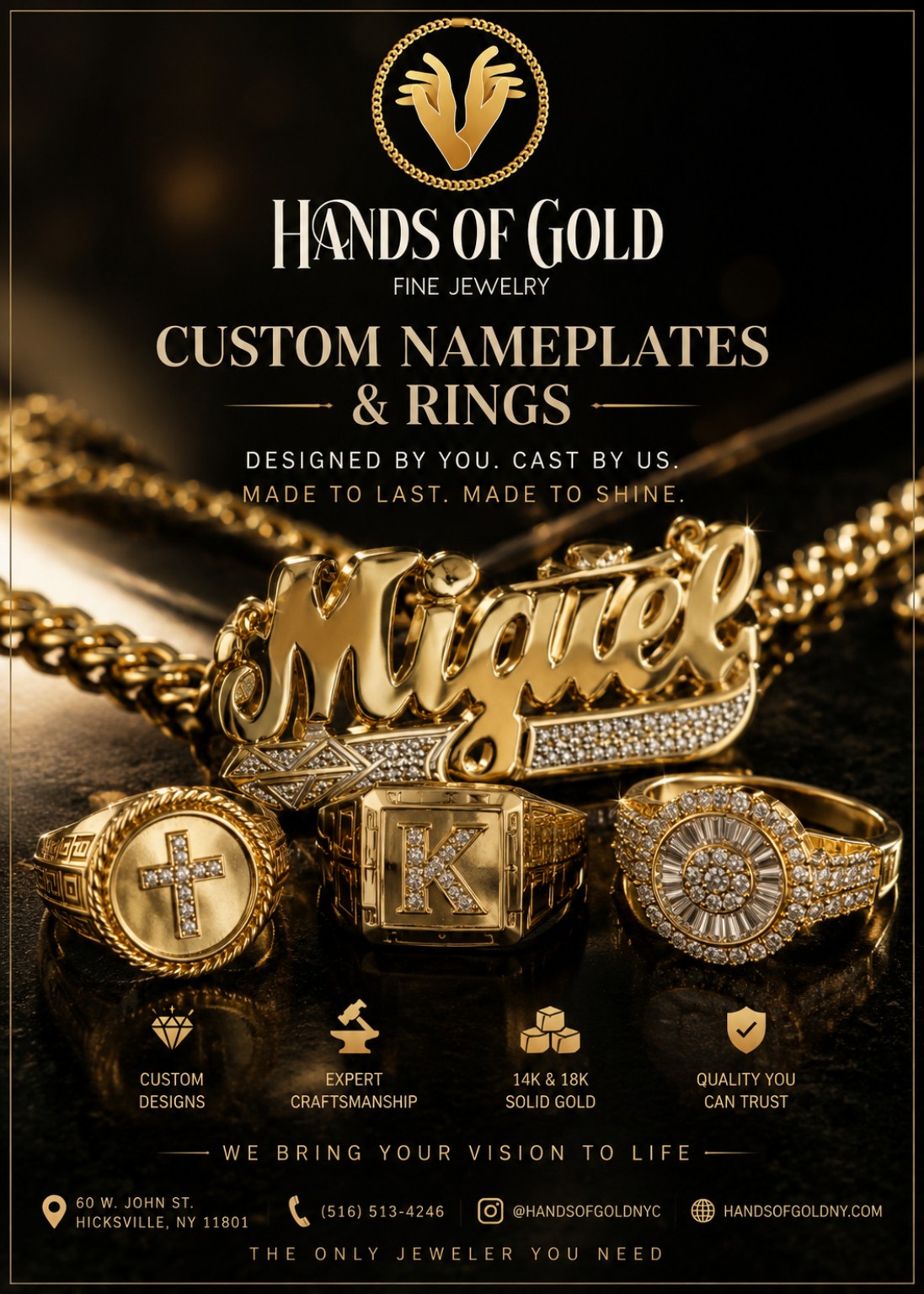 Custom nameplate and statement gold rings