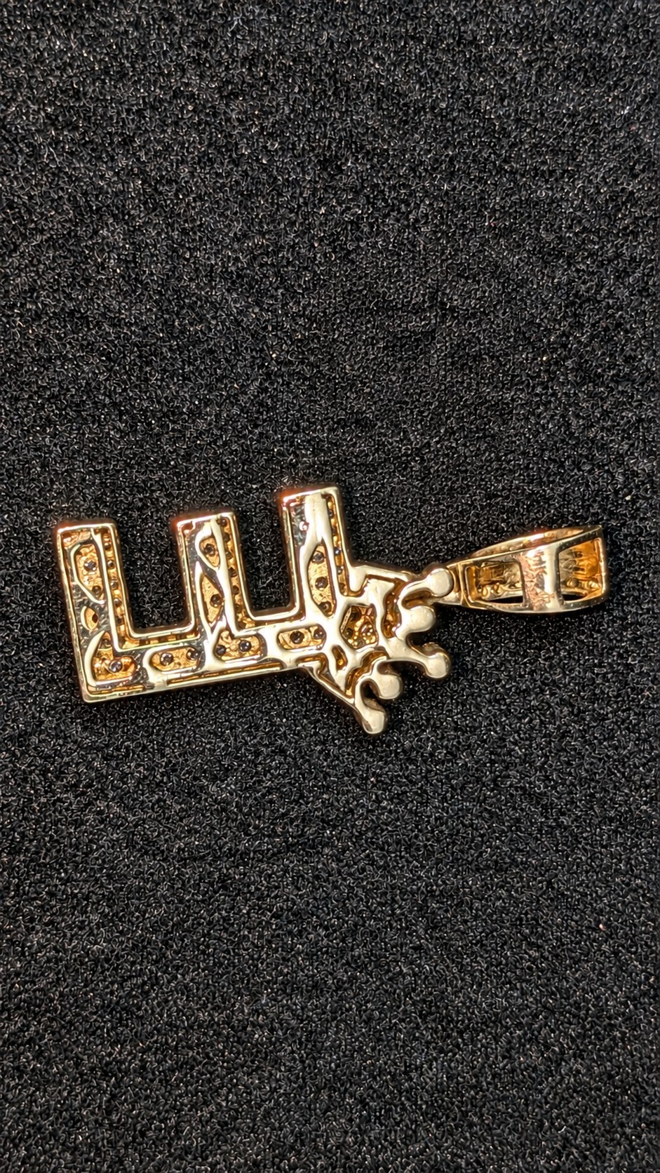 Back of 14K Yellow Gold Diamond Crowned E Pendant