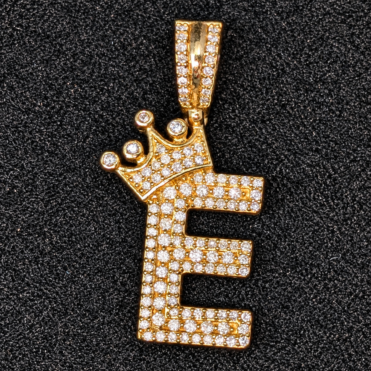 Front of 14K Yellow Gold Diamond Crowned E Pendant